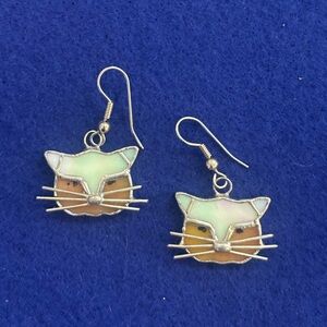 Silver Cat Face Stained Glass Earrings